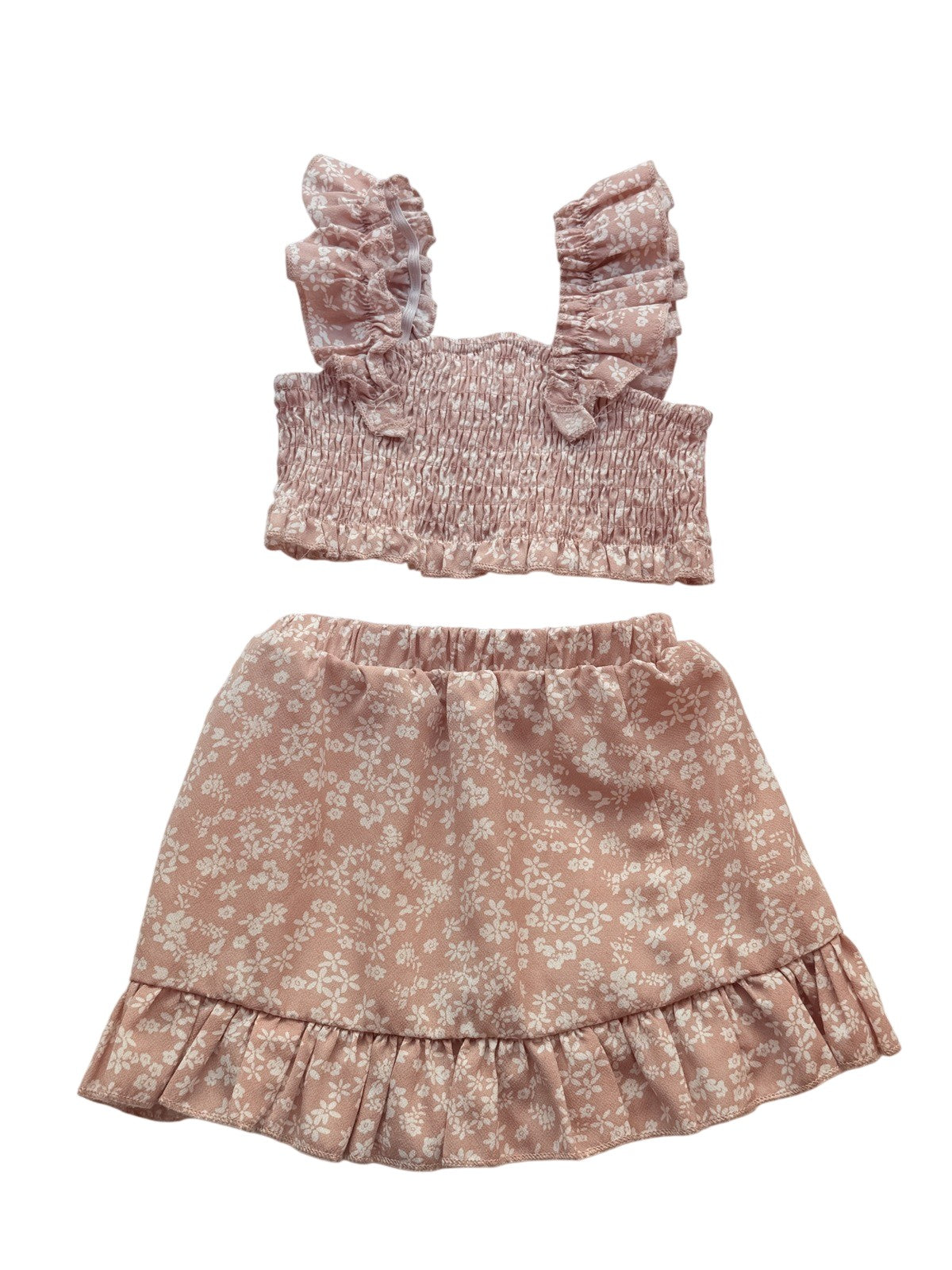 Floral Pink Smocked Ruffle Top Skirt Set 2T
