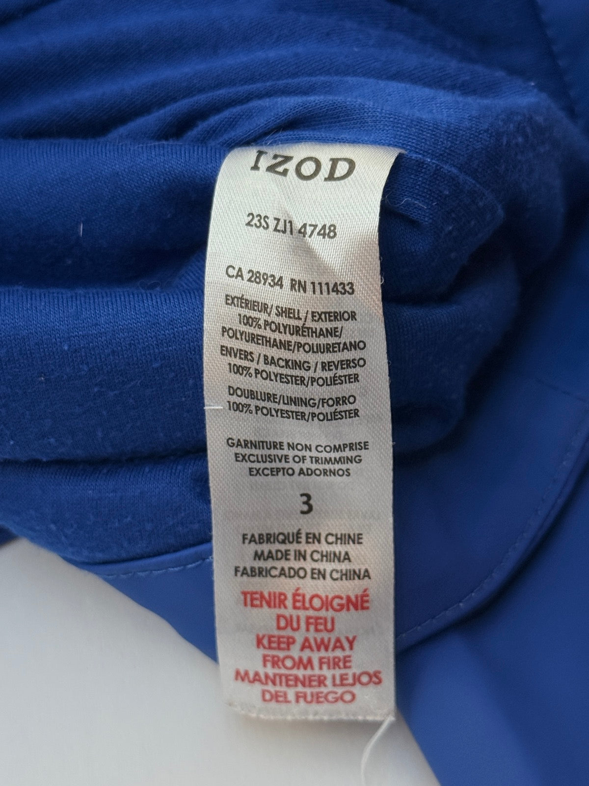 IZOD Blue Two-Tone Hooded Rain Jacket Size 3