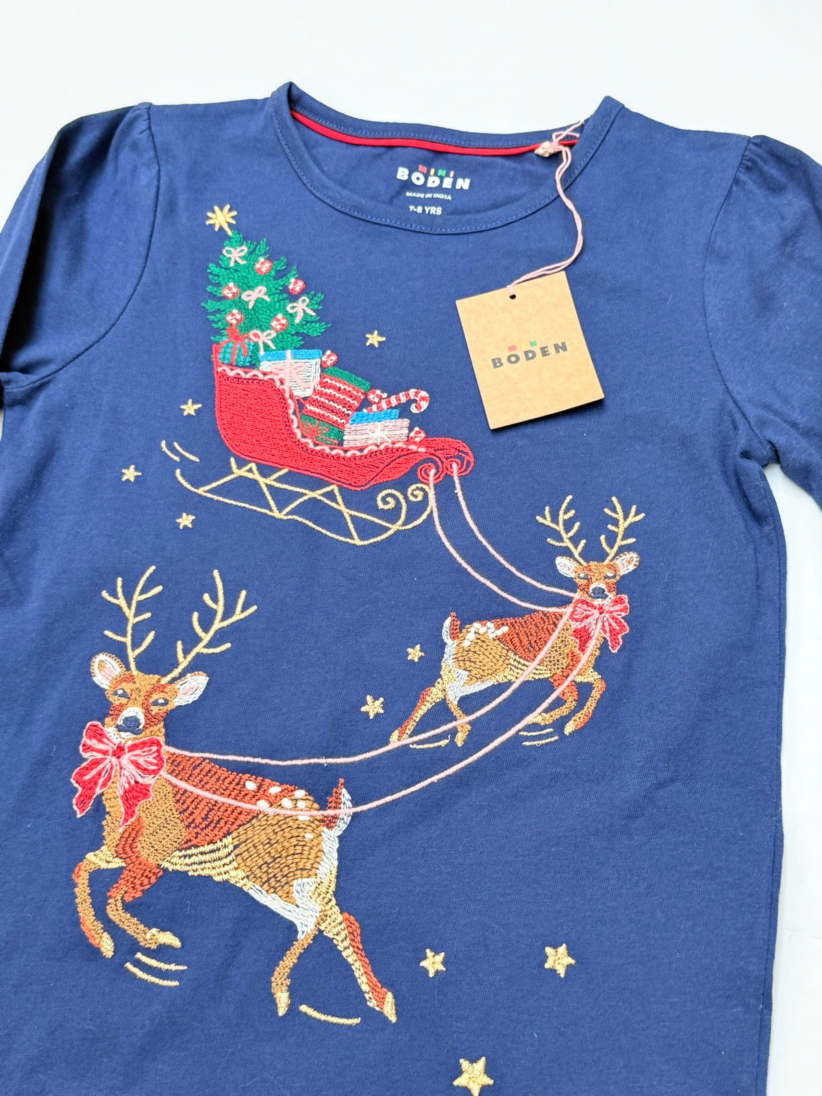 NWT - Mini Boden Reindeer Sleigh Embroidered Top 7-8Y