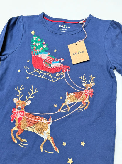 NWT - Mini Boden Reindeer Sleigh Embroidered Top 7-8Y