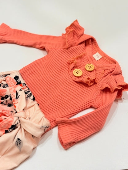 Coral Ruffle Top Floral Pants Set 3M