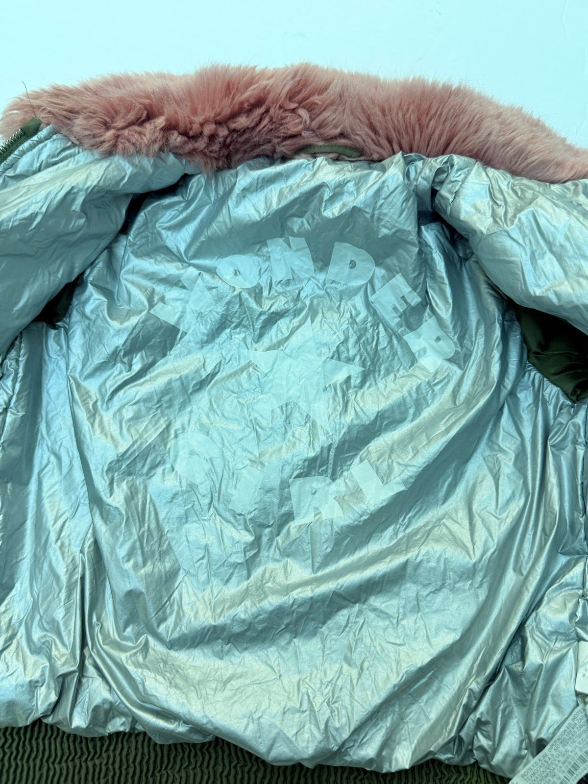 Zara Girls Olive Bomber Jacket Pink Fur Size 8