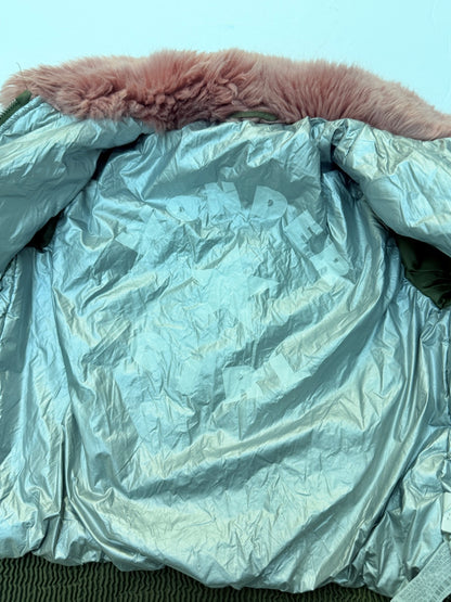 Zara Girls Olive Bomber Jacket Pink Fur Size 8