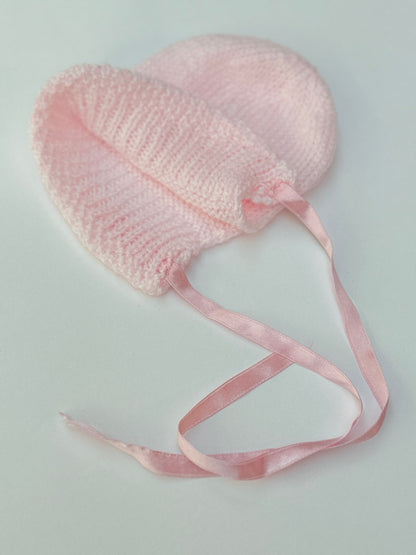 Pink Knit Baby Bonnet with Ribbon Ties 0-6m