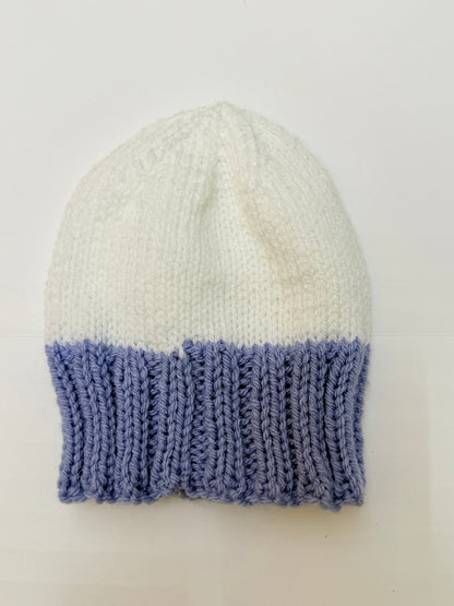 Handmade Knit Beanie White Blue Colorblock 0-6m