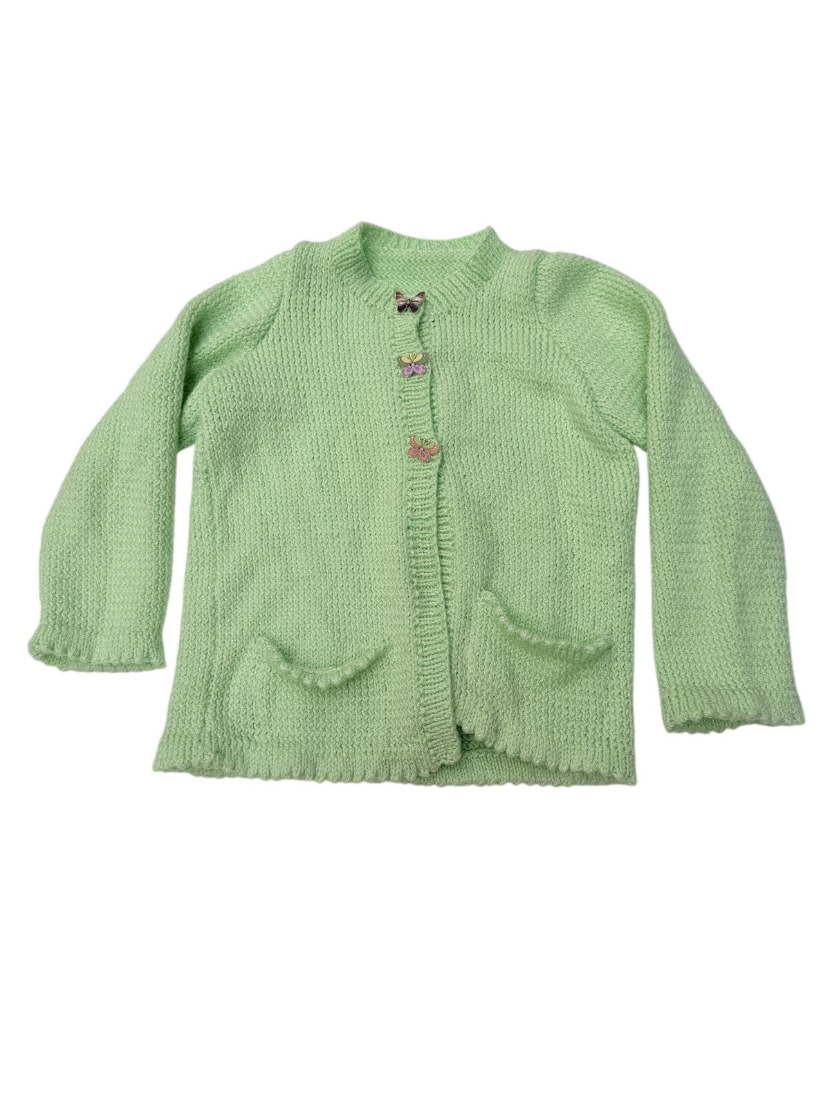 Hand Knit Mint Green Cardigan Butterfly Buttons 4/5Y
