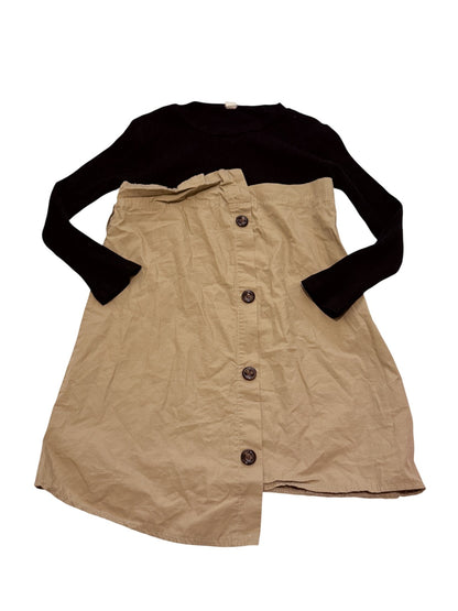 Girls Black Knit & Khaki Button Dress 6-7Y