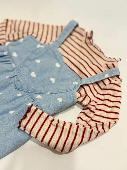 Old Navy Heart Denim Pinafore Stripe Set 12-18M