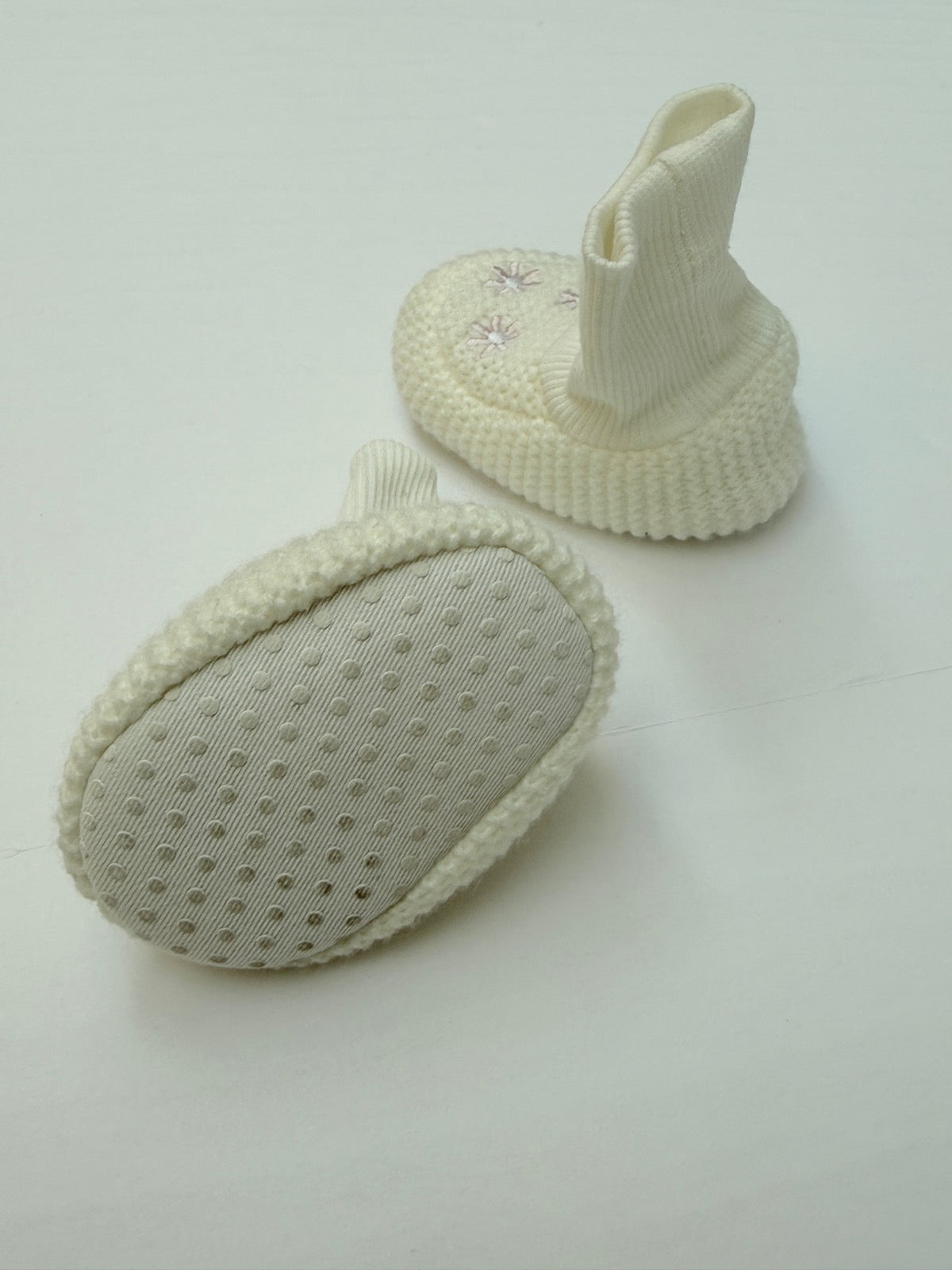 Knit Baby Booties Cream Floral Embroidery 0-3m