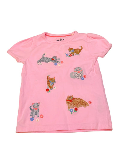 Boden Cat Embroidered Pink T-Shirt 5-6Y