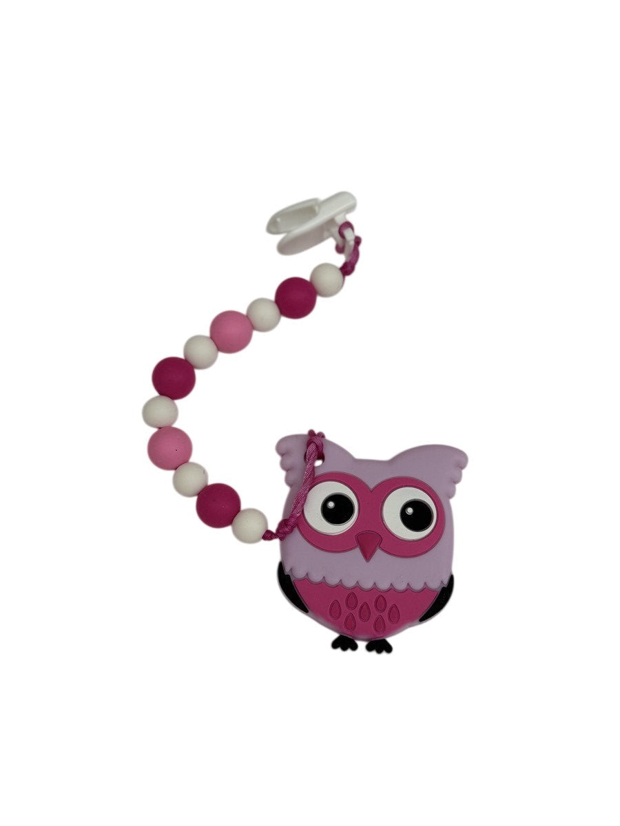Pink Owl Silicone Teether Pacifier Clip