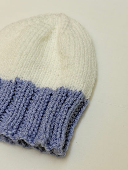 Handmade Knit Beanie White Blue Colorblock 0-6m