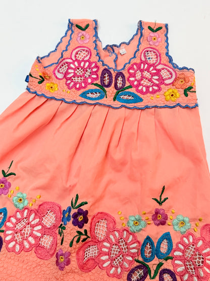 Mexican Embroidered Floral Peach Dress Kids 1Y