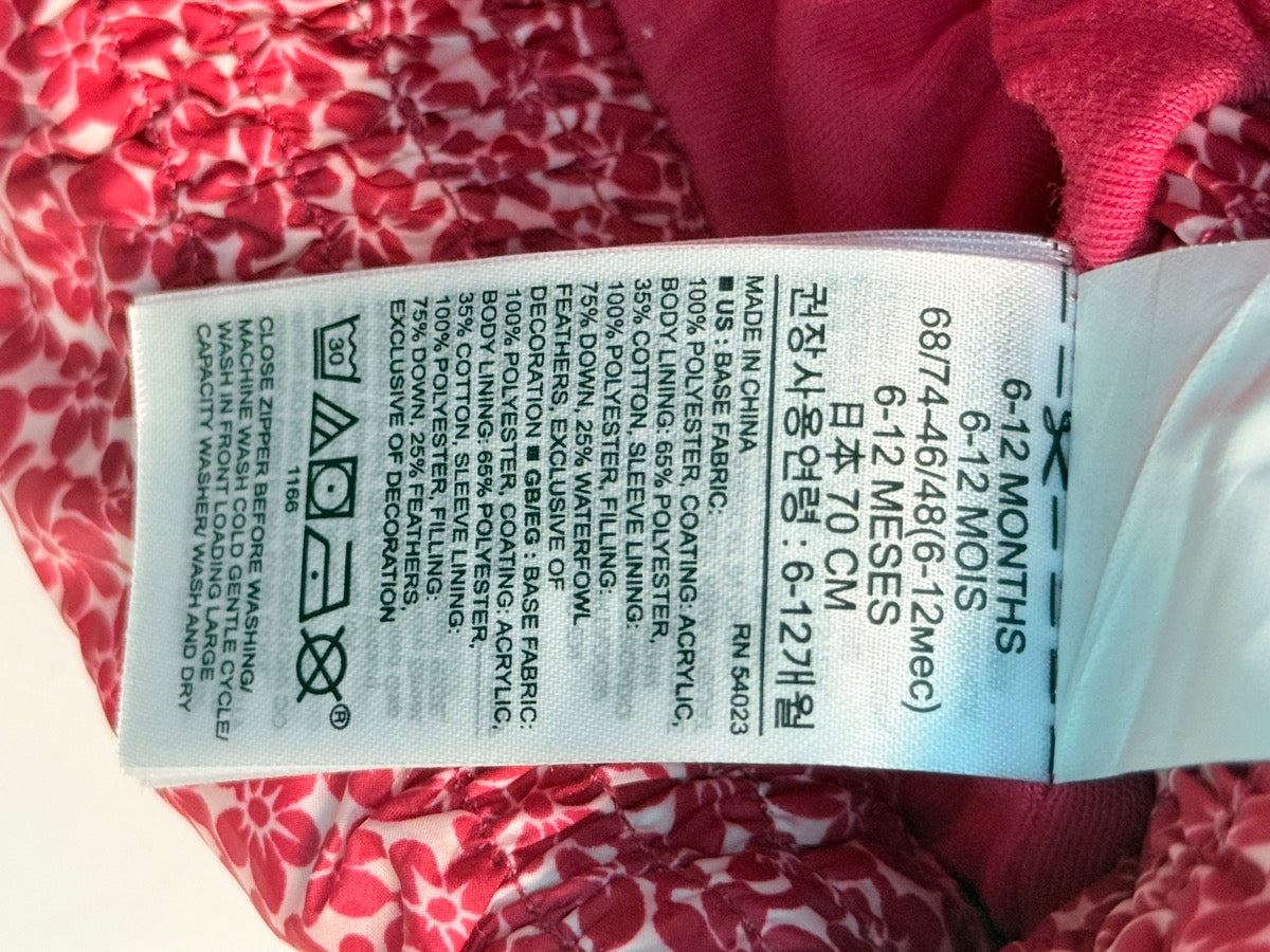 Baby Gap Pink Floral Down Puffer Jacket 6-12M