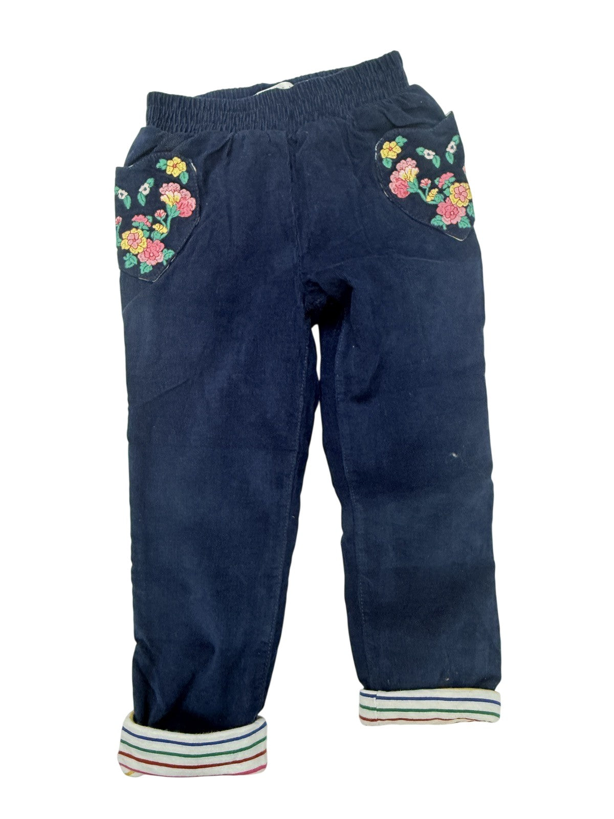 Mini Boden Lined Navy Corduroy Embroidered Floral Pants 4Y