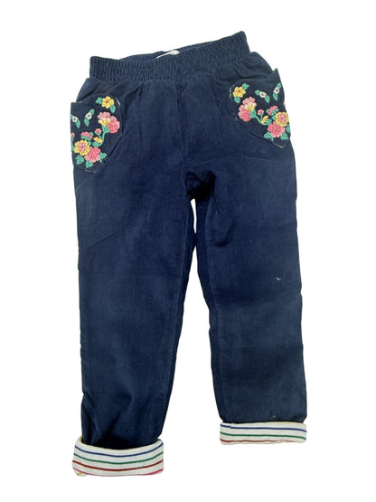 Mini Boden Lined Navy Corduroy Embroidered Floral Pants 4Y