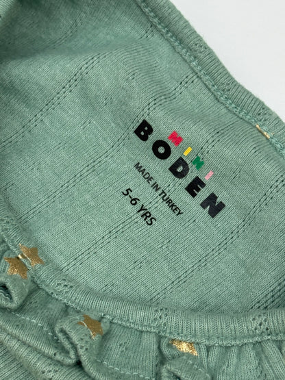 Mini Boden Green Star Ruffle Long Sleeve Top 5-6y