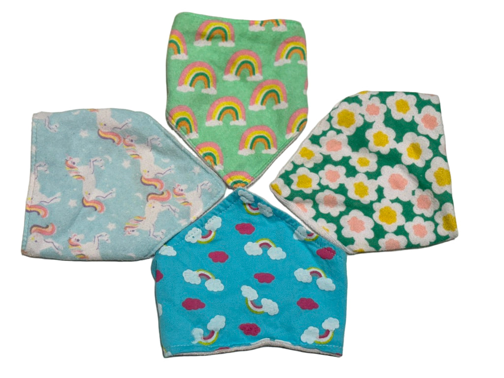 4 Bibs Rainbow , Flowers and Unicorns