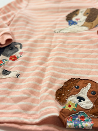 Mini Boden Puppy Appliqué Stripe Dress 5-6Y