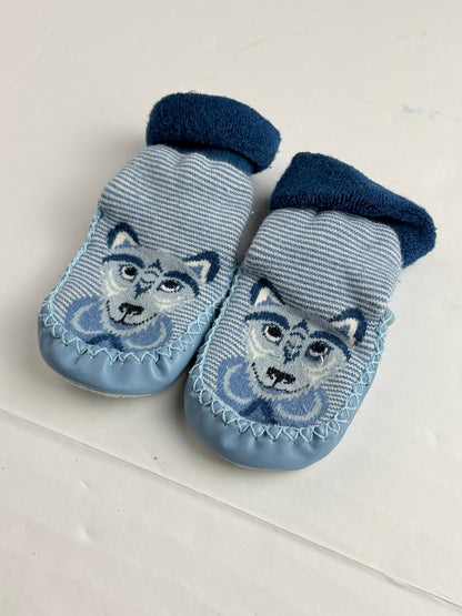 Blue Striped Wolf Moccasin Slipper Socks