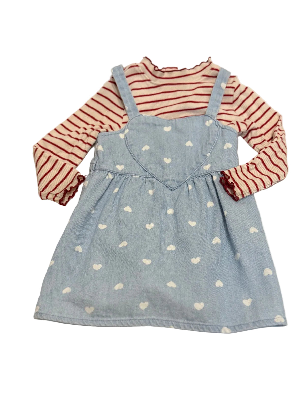 Old Navy Heart Denim Pinafore Stripe Set 12-18M