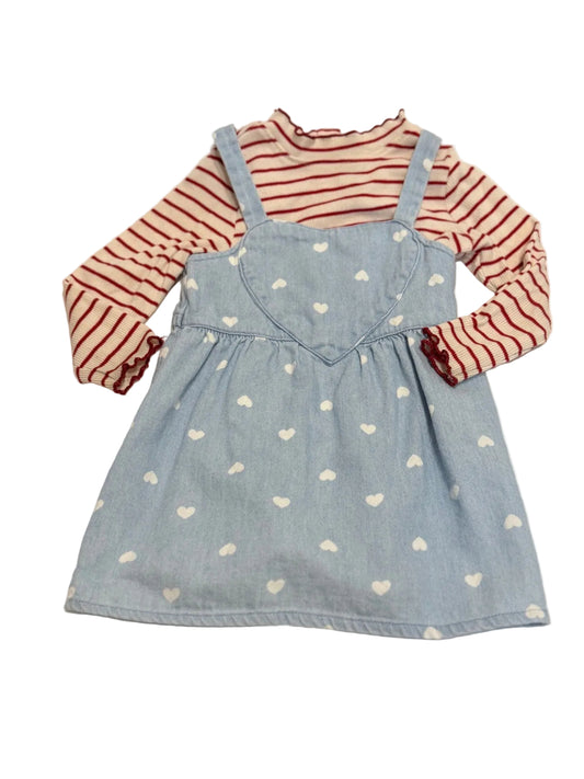 Old Navy Heart Denim Pinafore Stripe Set 12-18M