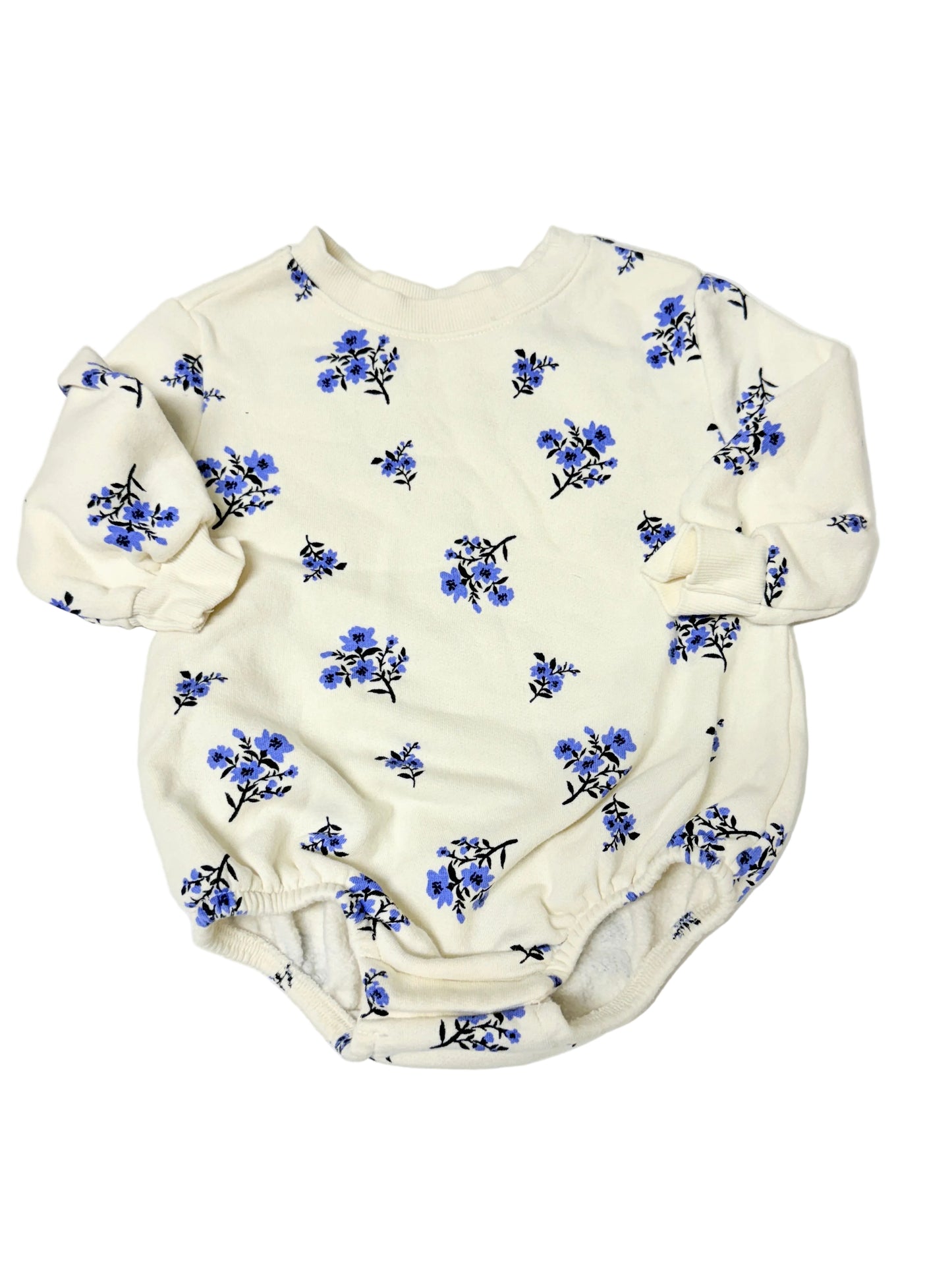 Old Navy Baby Floral Bubble Romper | Cream with Blue Flowers | Size 6–12M