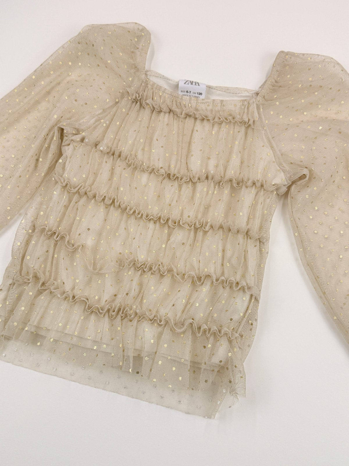 Zara Gold Dot Tulle Ruffle Top Size 6-7