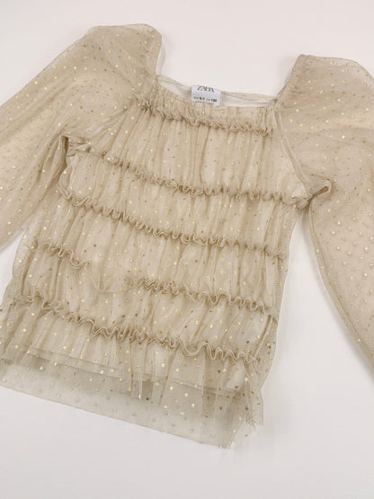 Zara Gold Dot Tulle Ruffle Top Size 6-7