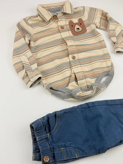 Little Lad Striped Bear Bodysuit & Pants Set 6/9M