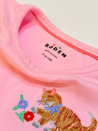 Boden Cat Embroidered Pink T-Shirt 5-6Y