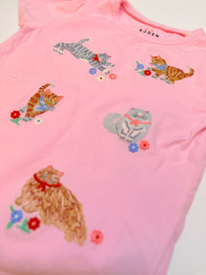 Boden Cat Embroidered Pink T-Shirt 5-6Y