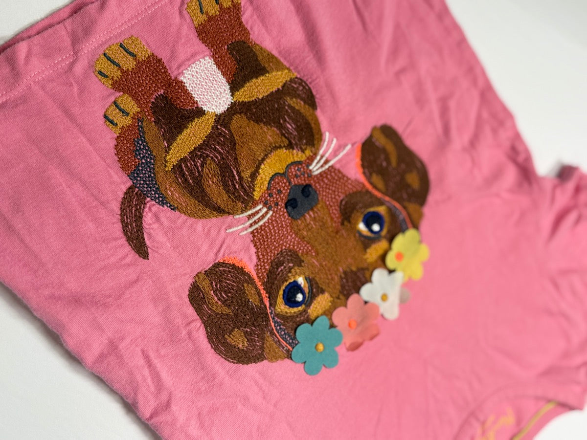 Mini Boden Embroidered Dog Pink T-Shirt 5-6Y