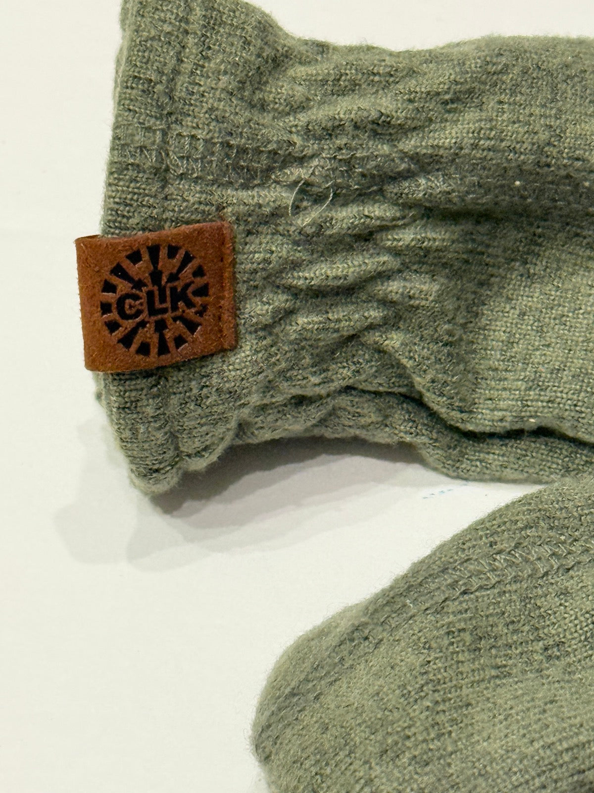CLK Olive Green Knit Baby Mittens with Cord