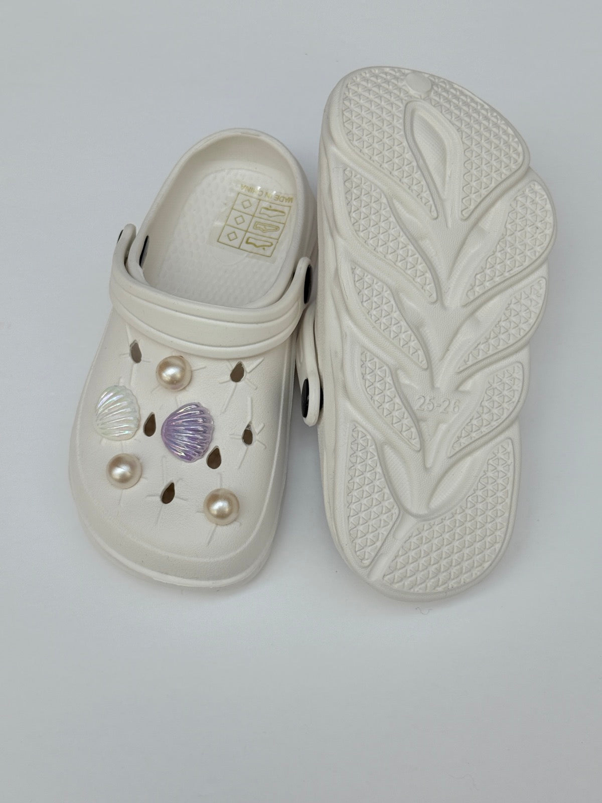 White Clog Sandals with Pearl Shell Charms Size 25-26 (8-9)