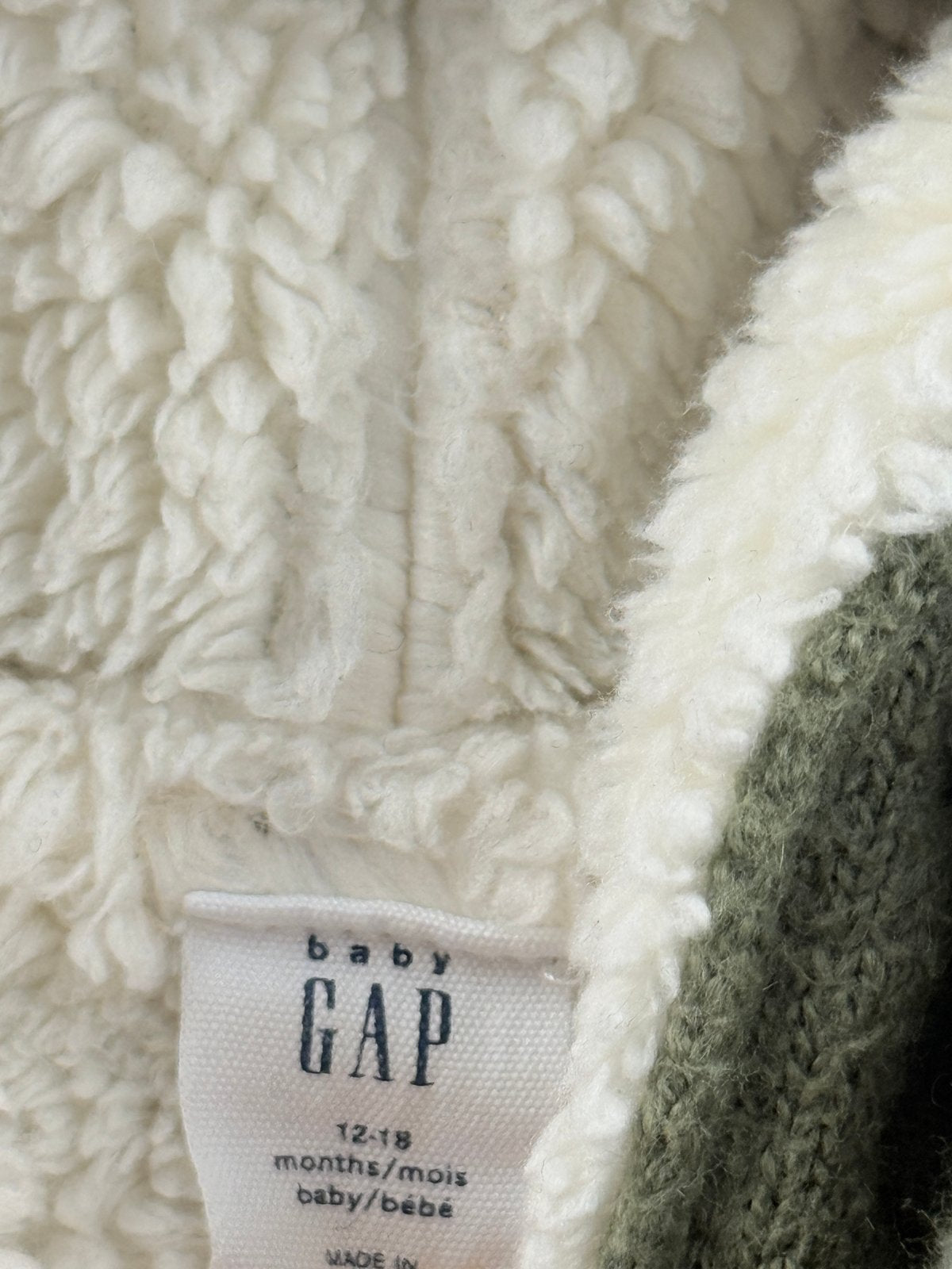 baby Gap Green Cable Knit Sherpa Jacket 12-18M