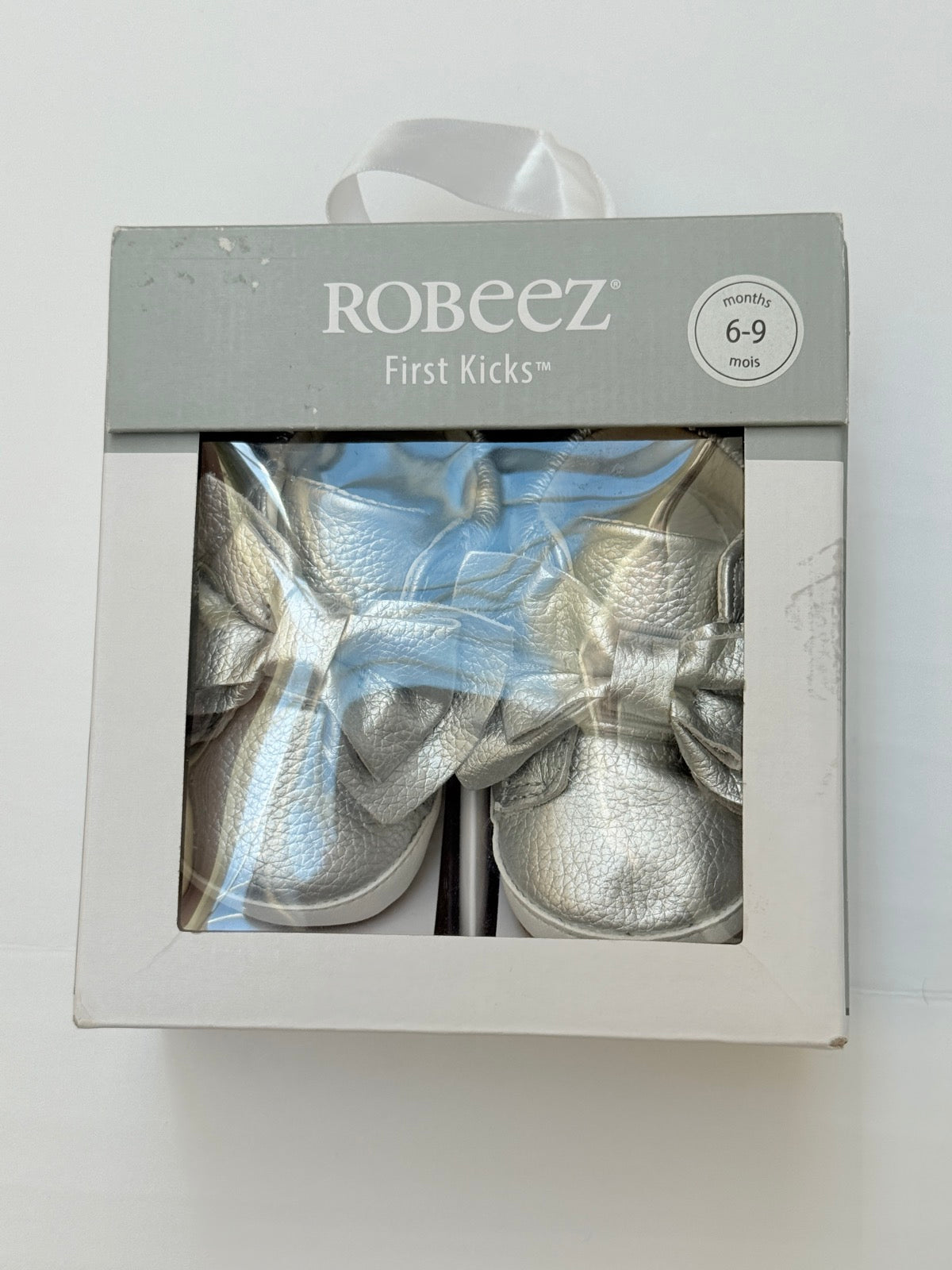 NWT - Robeez First Kicks Silver Bow Booties 6-9M