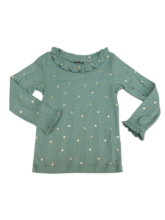 Mini Boden Green Star Ruffle Long Sleeve Top 5-6y