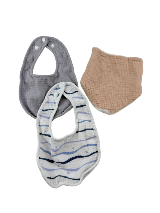 3-Piece Muslin Bib Set Gray Blue Peach 0-12M