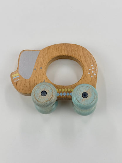 Wooden Dog Push Toy with Blue Wheels