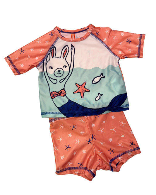 Joe Fresh baby rashguard swim set with mermaid bunny print – 6–12 months