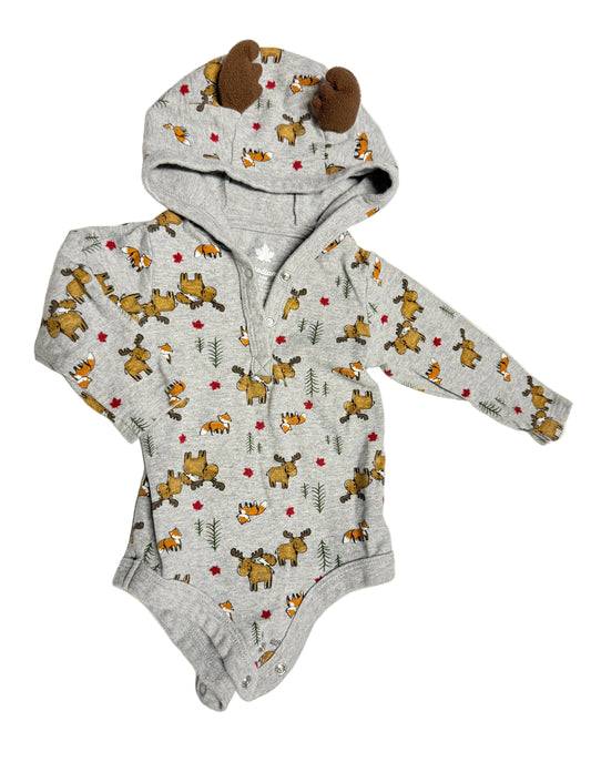 Canadiana Moose & Fox Hooded Bodysuit with 3D Ears, Grey, 3 to 6 Months