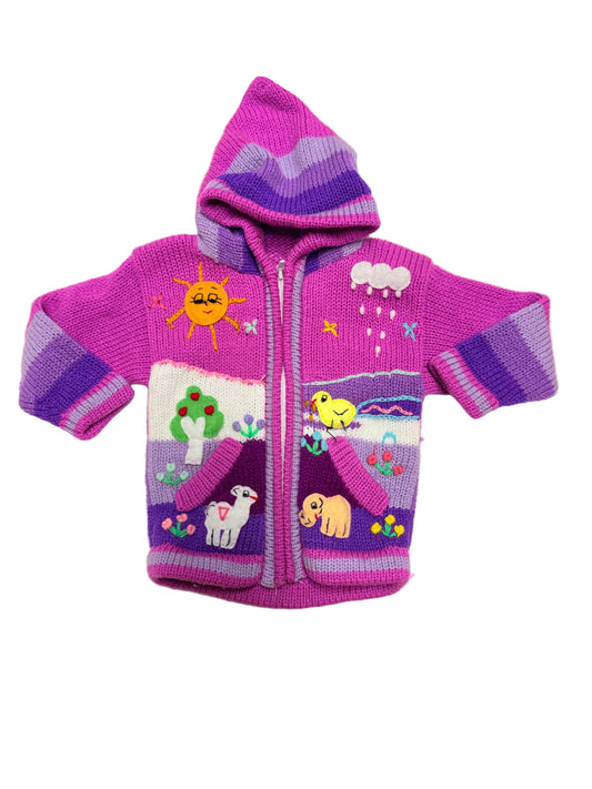 Peruvian Knit Zip-Up with Pastoral Animal Appliqué Size 1–2Y