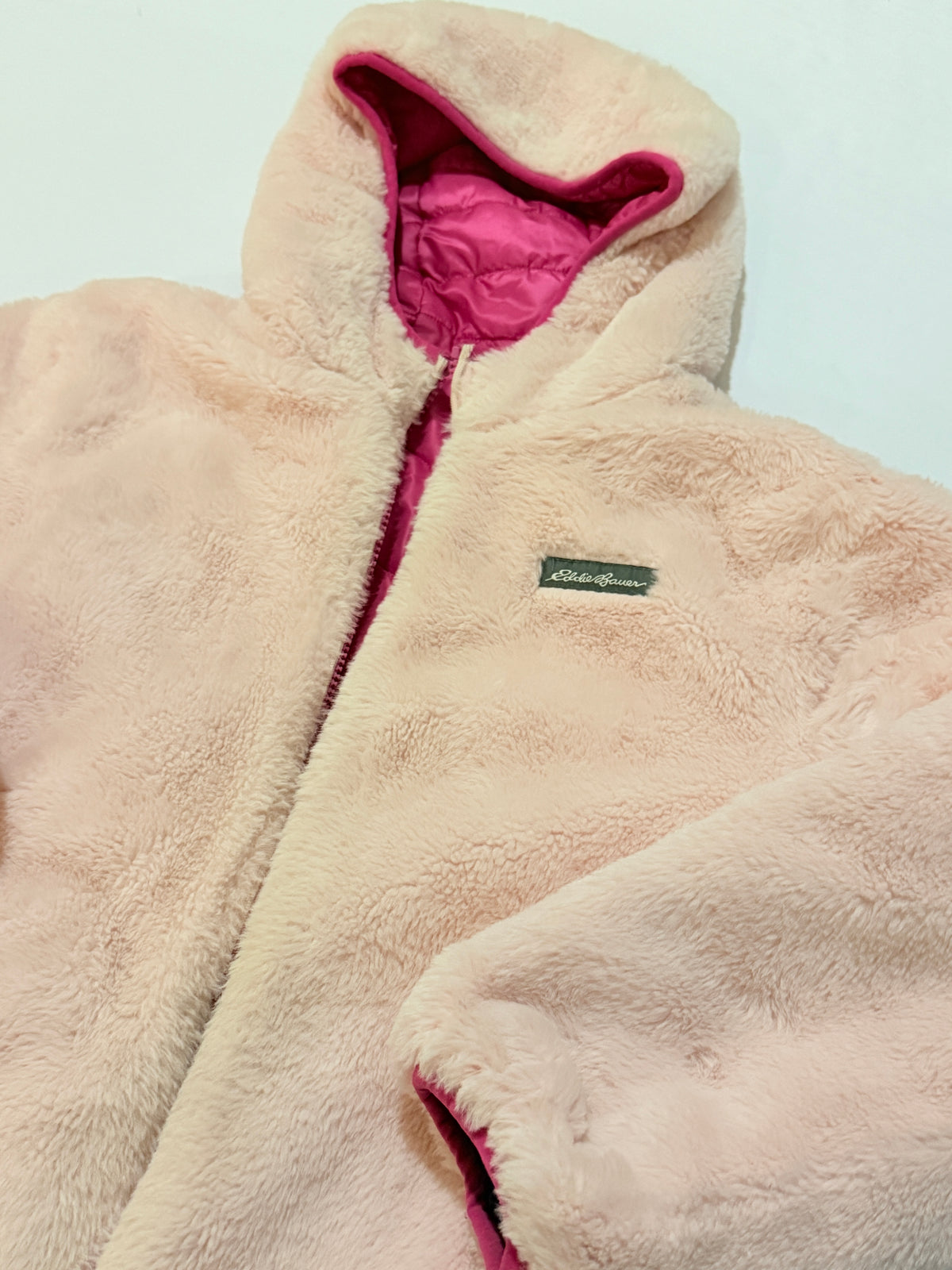 Eddie Bauer Reversible Pink Sherpa Fleece Puffer Hooded Jacket