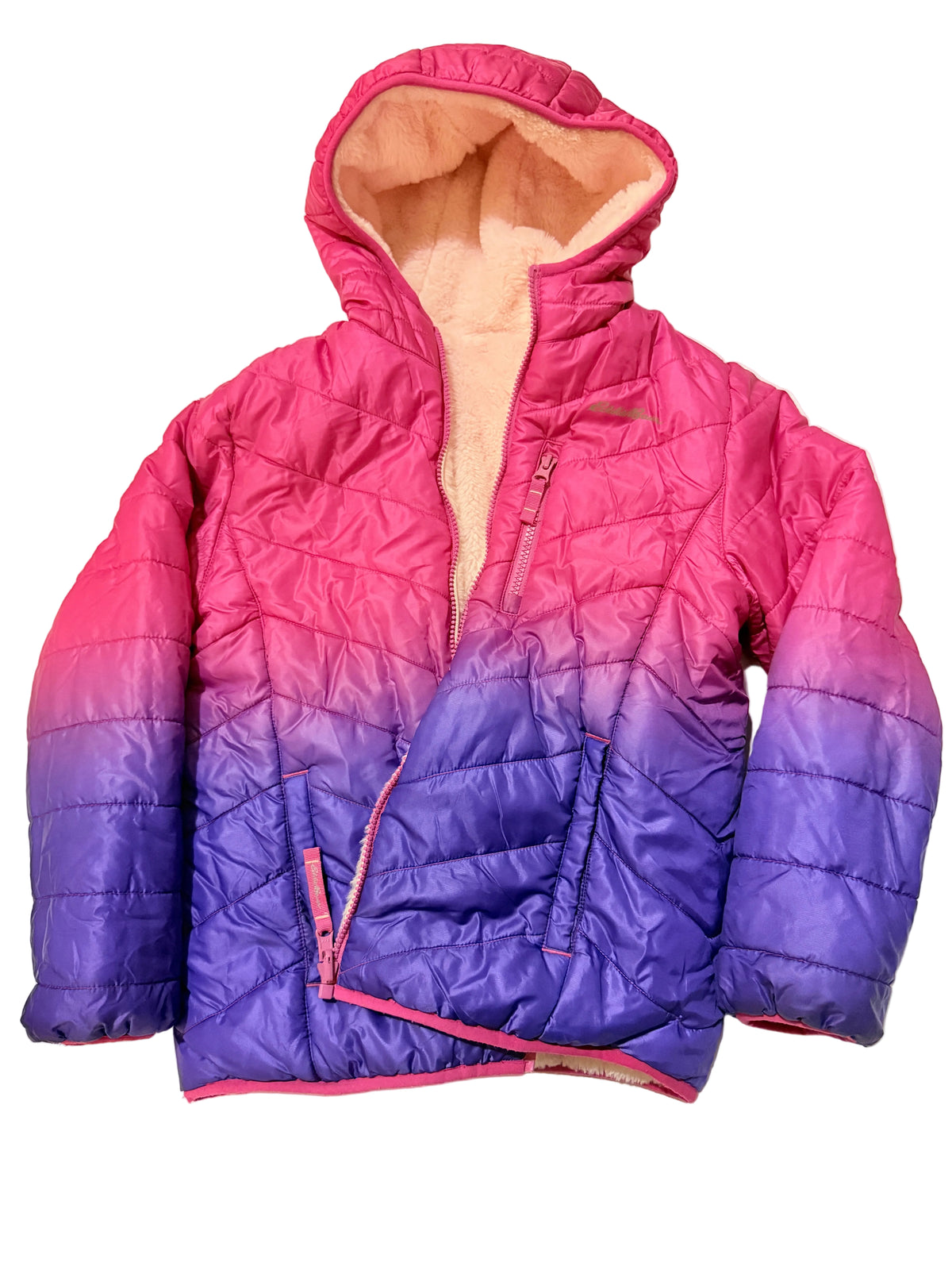 Eddie Bauer Reversible Pink Sherpa Fleece Puffer Hooded Jacket