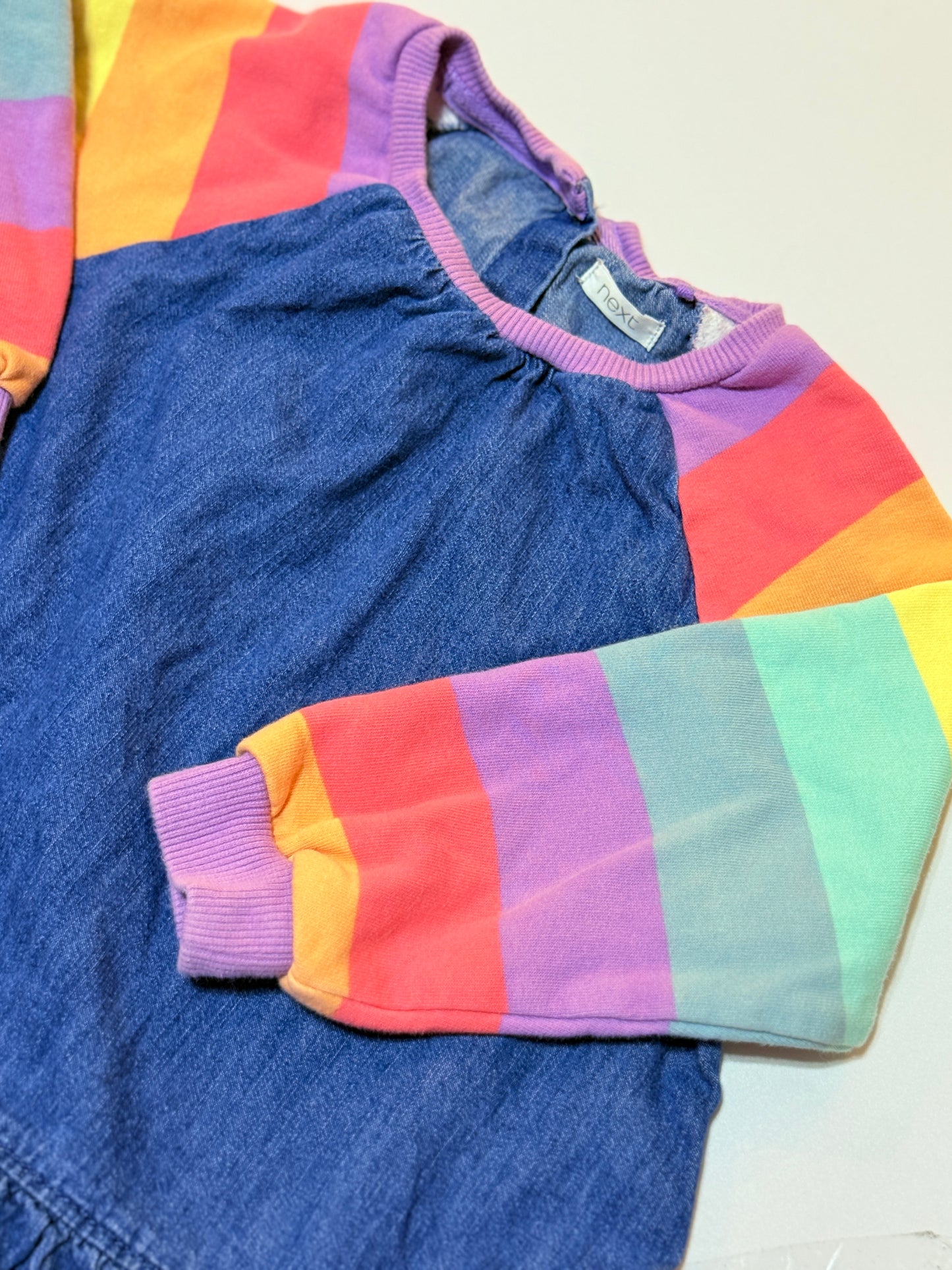 Next 4T Denim Dress with Rainbow Sleeves