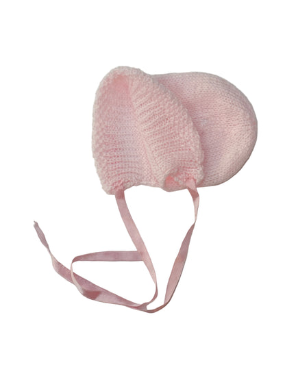 Pink Knit Baby Bonnet with Ribbon Ties 0-6m