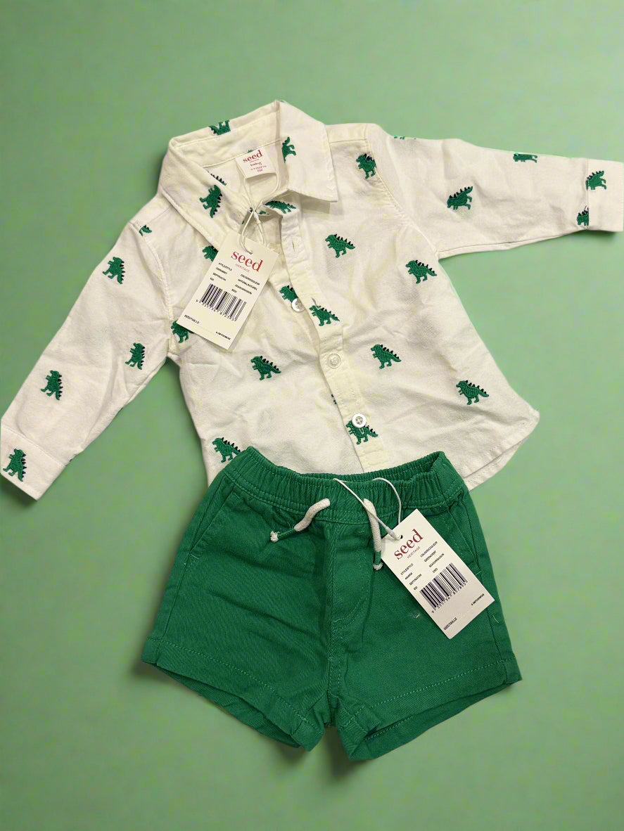 2pc dinosaur button up shirt with shorts