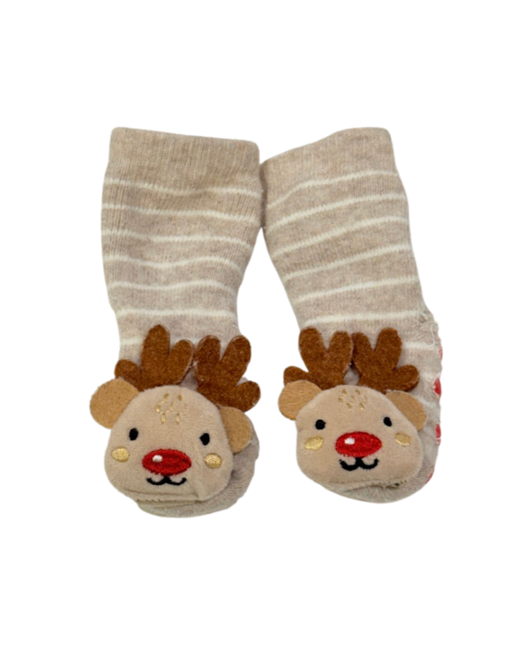 These JINGLE Rudolph Reindeer Baby Slipper Socks 0-3m