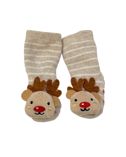 These JINGLE Rudolph Reindeer Baby Slipper Socks 0-3m